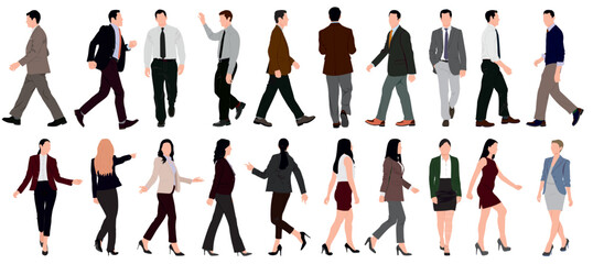 Set of business people walking and standing. Collection of businessman and woman.  Men and women in full length. Inclusive business concept. Vector illustration isolated on white background.