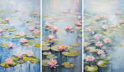 Water lilies painting flower painter watercolor oil pastel, Claude Monet, three paintings, photo printing, print, interior, art, retro, mural, vintage background impressive lily lotus - generative AI - obrazy, fototapety, plakaty