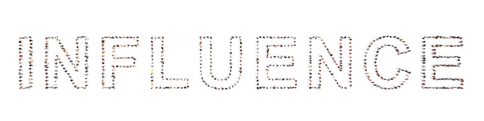 Concept or conceptual large community of people forming the the word INFLUENCE . 3d illustration metaphor for message, content, communication, lifestyle, social meadia, marketing and business