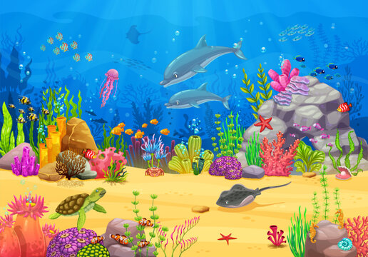Sea underwater cartoon dolphin and turtle, stingray, jellyfish animals and seaweeds on ocean landscape. Game level vector background with under water world, blue waves, sand bottom, seashell, starfish