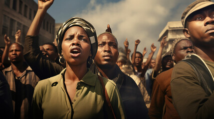 Vocal crowd of activists during Black History Month, signifying unity and strength - obrazy, fototapety, plakaty
