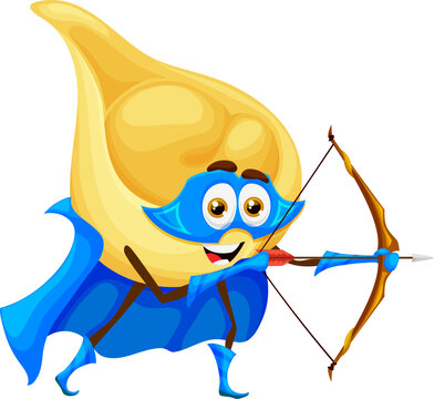recommend clip art: Cartoon Italian tortellini pasta superhero character, vector funny cute food. Tortellini pasta super hero or archer with arrow bow in blue power cape cloak as comic guardian warrior