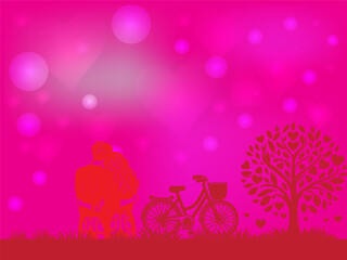couple hugging in love, heart shape beautiful blur bokeh background. valentine day vector illustration