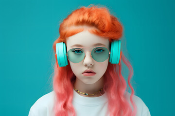 Colorful studio portrait of a cool teenager girl with age specific outfit and accessories. Bold, vibrant and minimalist. Generative AI