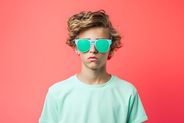 Colorful studio portrait of a cool teenager boy with age specific outfit and accessories. Bold, vibrant and minimalist. Generative AI