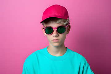 Colorful studio portrait of a cool teenager boy with age specific outfit and accessories. Bold, vibrant and minimalist. Generative AI