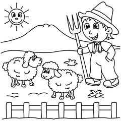 Funny farmer and sheep cartoon for coloring book.