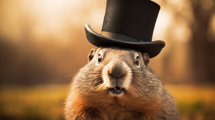 Charming groundhog in top hat greeting warmly - obrazy, fototapety, plakaty