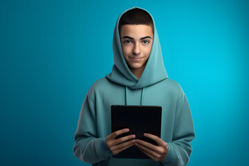 Colorful studio portrait of a cool teenager boy with age specific outfit and accessories. Bold, vibrant and minimalist. Generative AI