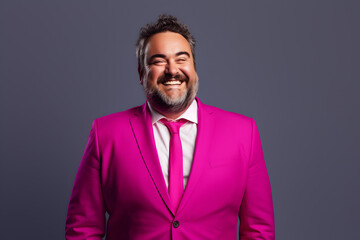 Obraz premium Slightly overweight businessman smiling confidently. Bold and vibrant clean minimalist studio portrait, copy space.