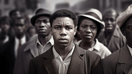 Solemn young man's portrait at a civil rights gathering, embodying the spirit of Black History Month - obrazy, fototapety, plakaty