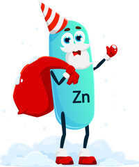 Cartoon Zinc mineral character with Santa gifts bag for winter holiday, vector micronutrient. Funny Zinc pill Santa or Zn mineral in New Year party cap with holiday presents sack for Christmas emoji