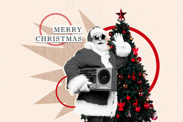 Collage 3d image of sketch of cool santa claus boom box wave hand hi christmas new year greeting...
