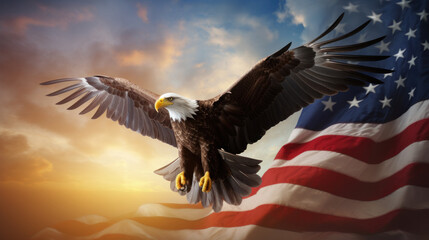 Soaring bald eagle against a sunset sky, with the American flag waving in the background