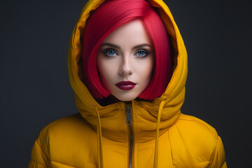 Colorful studio portrait of a young woman wearing cold weather clothes to keep her warm. Autumn or winter outfit. Bold, vibrant and minimalist. Generative AI