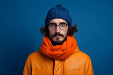 Colorful studio portrait of a young man wearing cold weather clothes to keep him warm. Autumn or winter outfit. Bold, vibrant and minimalist. Generative AI