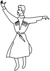 Georgian man dancing in a national costume, with a dagger on his belt. A mustachioed highlander. A simple drawing, digital line art