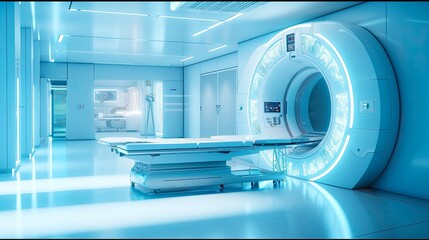 Advanced MRI or CT scan medical diagnosis machine in hospital room. Postproducted generative AI illustration.	 - obrazy, fototapety, plakaty