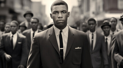 Monochrome image of a resolute man leading a civil rights march during Black History Month - obrazy, fototapety, plakaty