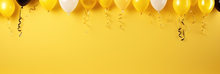 Holiday banner of colorful balloons on yellow background. - obrazy, fototapety, plakaty