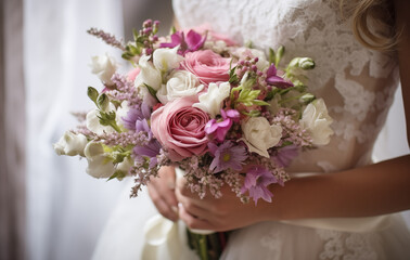 Bride holding Rustic bouquet of pink and whiteflowers