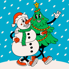 Retro cartoon Christmas tree and snowman Groovy vintage 70s funny Christmas tree and snowman characters walking arm in arm and waving.