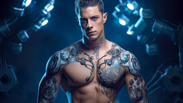 Stunning cyborg style tattoos on young man skin. Postproducted generative AI illustration.	