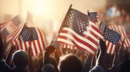 Gordijnen Crowd of people waving American flags, capturing the united spirit of Presidents' Day © Ai Studio