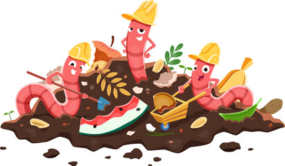 Cartoon earth worm builder characters in compost or soil humus of compostable bio wastes, vector poster. Earthworm in builder hats cleaning organic garbage for farm garden vermicomposting soil