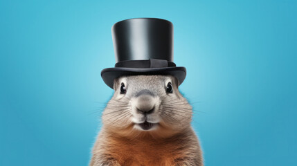 Charming groundhog in a top hat against a blue backdrop. - obrazy, fototapety, plakaty