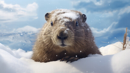 A curious groundhog peeks out from snowy cover, heralding the folklore of Groundhog Day - obrazy, fototapety, plakaty