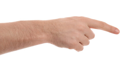 Man pointing with index finger on white background, closeup