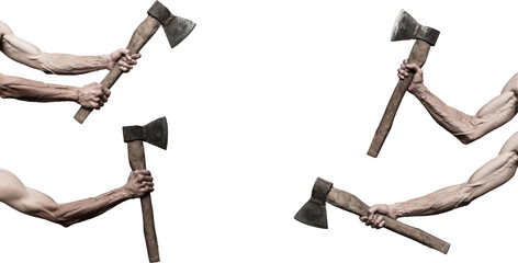 Image of a man's hand with an ax on a white background - Powered by Adobe