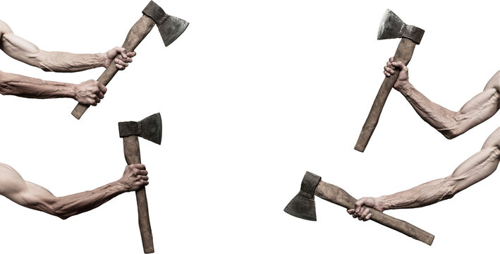 Image of a man's hand with an ax on a white background