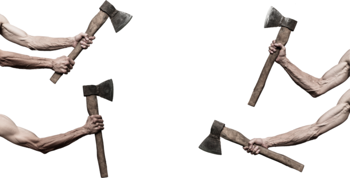 Image of a man's hand with an ax on a white background