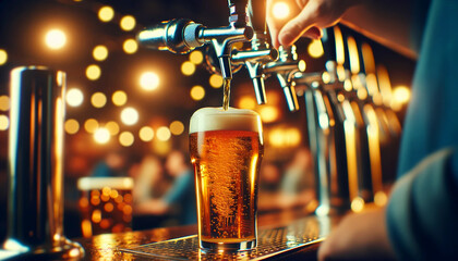 Fototapeta na wymiar Golden Beer Streaming from Tap into Glass, Refreshing Alcoholic Beverage, Bar Scene.