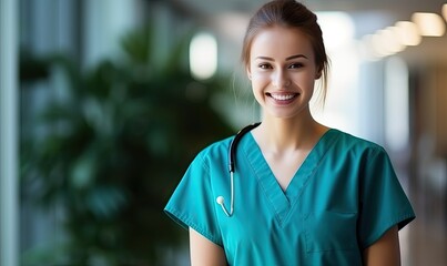 A Joyful Healthcare Professional Poses in Scrubs, Radiating Positivity and Confidence