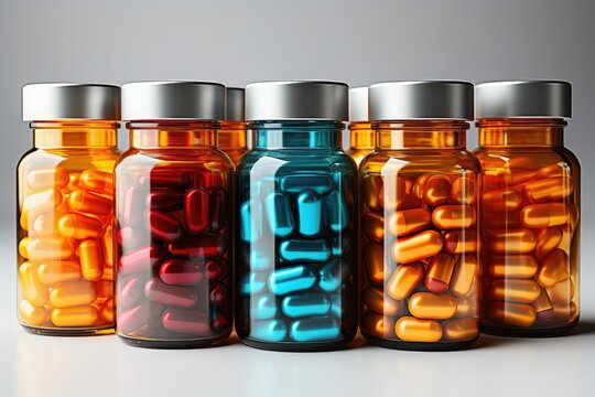 Various vitamins, tablets and biologically active additives in jars. 