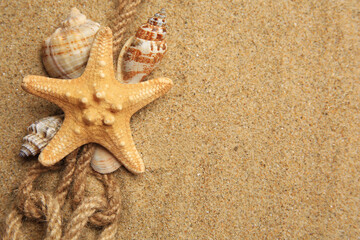 Beautiful sea star, shells and ropes on sand, flat lay. Space for text