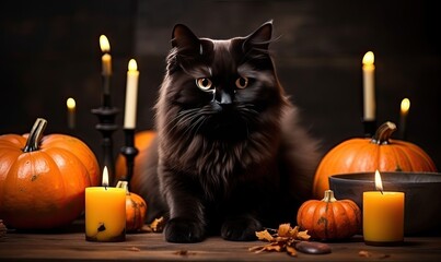 A Mysterious Feline Surrounded by Spooky Autumn Decor