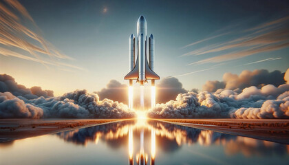 Space rocket launch against starry blue sky. - obrazy, fototapety, plakaty