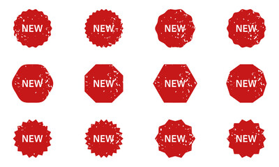 New Product Tag Set. Advertising Rubber Stamp. Price Offer Grunge Badge. Special Discount Red Stickers in Different Shapes. Sale Offer Label. Promotion Symbol Collection. Isolated Vector Illustration