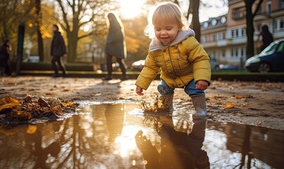 A Joyful Toddler Splashing and Laughing in the Refreshing Park Puddle