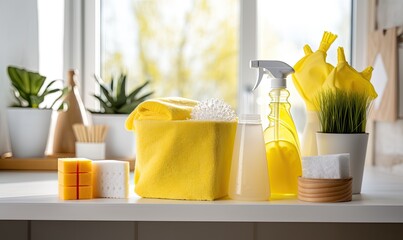 Photo of Yellow Cleaning Supplies on a White Countertop - obrazy, fototapety, plakaty
