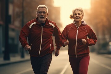 Fototapeta premium elderly couple dressed in tracksuits running with morning light