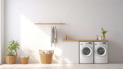 Interior of modern home laundry room with washing machine. Light tones. Generative AI - obrazy, fototapety, plakaty