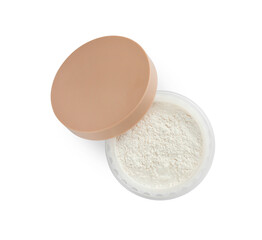 Rice loose face powder on white background, top view. Makeup product