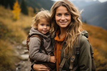 Fototapeta na wymiar A mother with a child through the mountains. An active lifestyle.