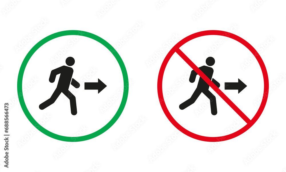 Poster exit warning sign. evacuation in building silhouette icons set. emergency way allowed, escape prohib