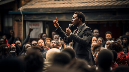 Black man speaking into a microphone to people on the street - obrazy, fototapety, plakaty